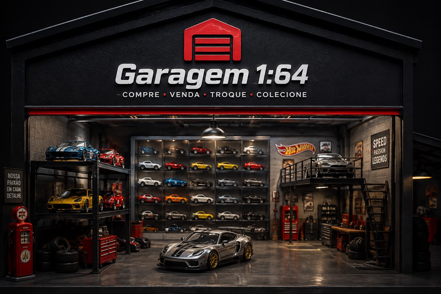 Garagem de miniaturas com a identidade do Garagem 1:64